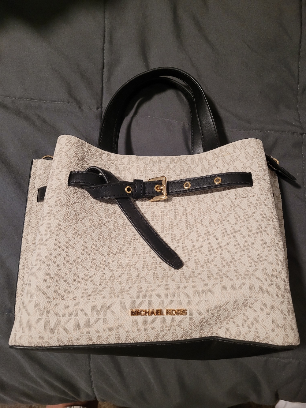 Michael Kors Beige Signature Canvas Tote with Black Trim